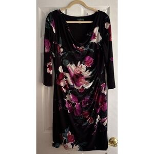 LAUREN RALPH LAUREN Dress Womens Sz 14 Black Floral Ruched Cowl Neck Long Sleeve